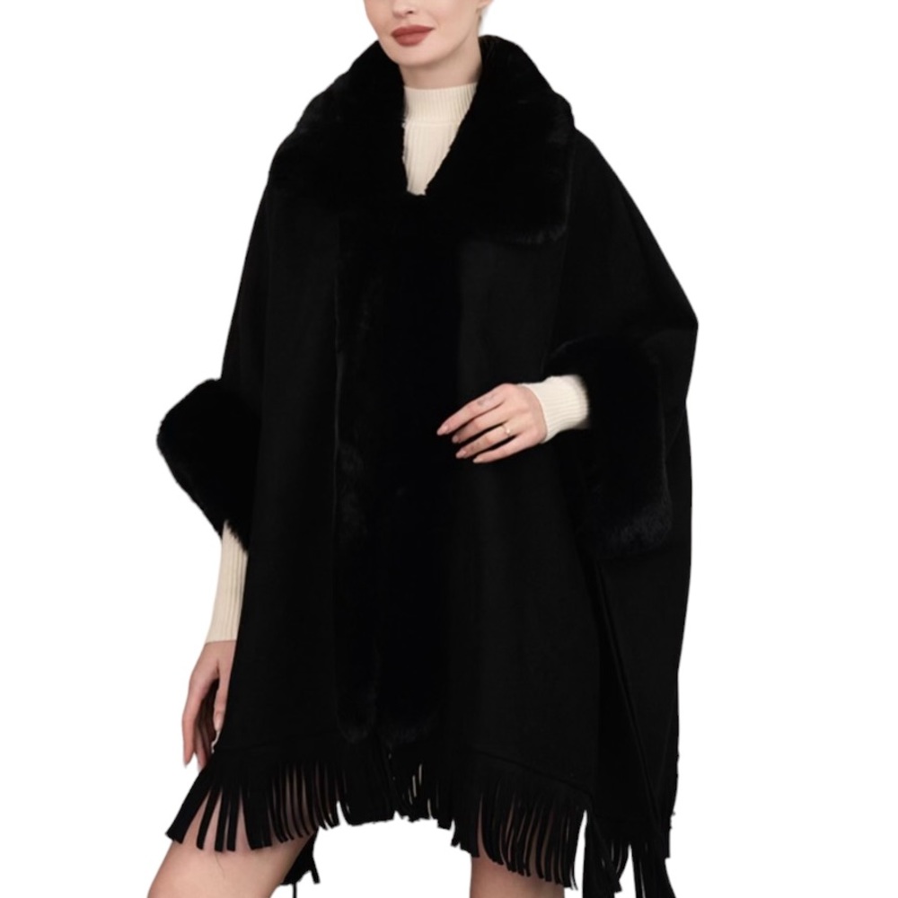 NWT Black Suede Feel Faux Fur Fringe Coat Fits Most Everyone!